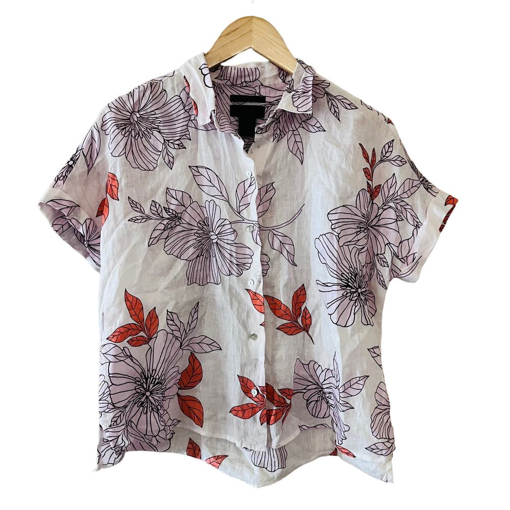 Rachel Roy Linen Multicolored Floral Dolman Sleeve Button Up Top Size Small - Picture 2 of 7
